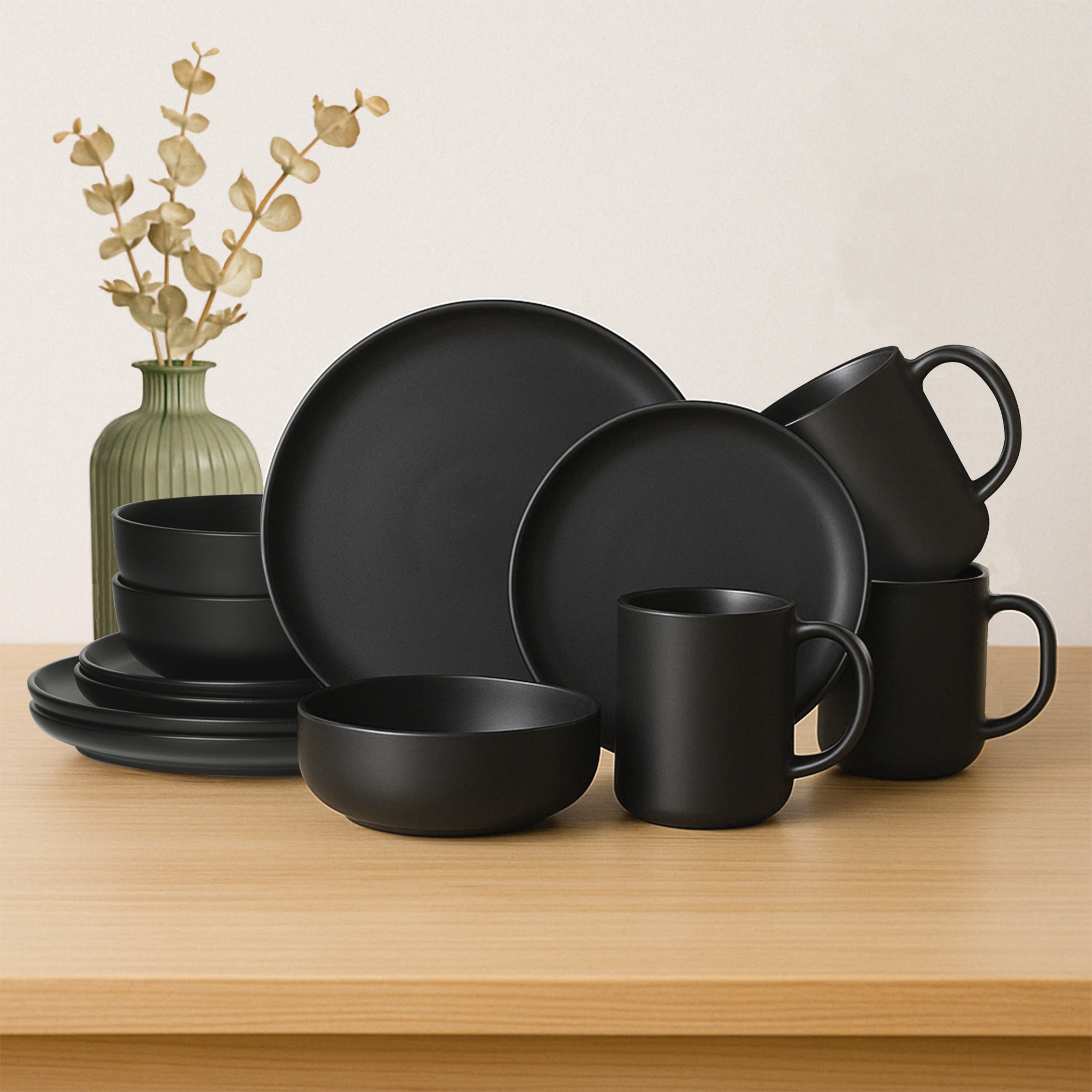12-Piece Stoneware Dinnerware Sets With Mugs | Microwave & Dishwasher Safe | Non-Toxic Dinner Plates Bowls Set | Stackable Matte Glaze Kitchenware For 3,Black_voghion.com
